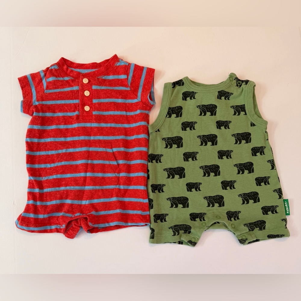 Primary Red and Blue Striped (0-3) and Parade green bear (3-6) romper bundle